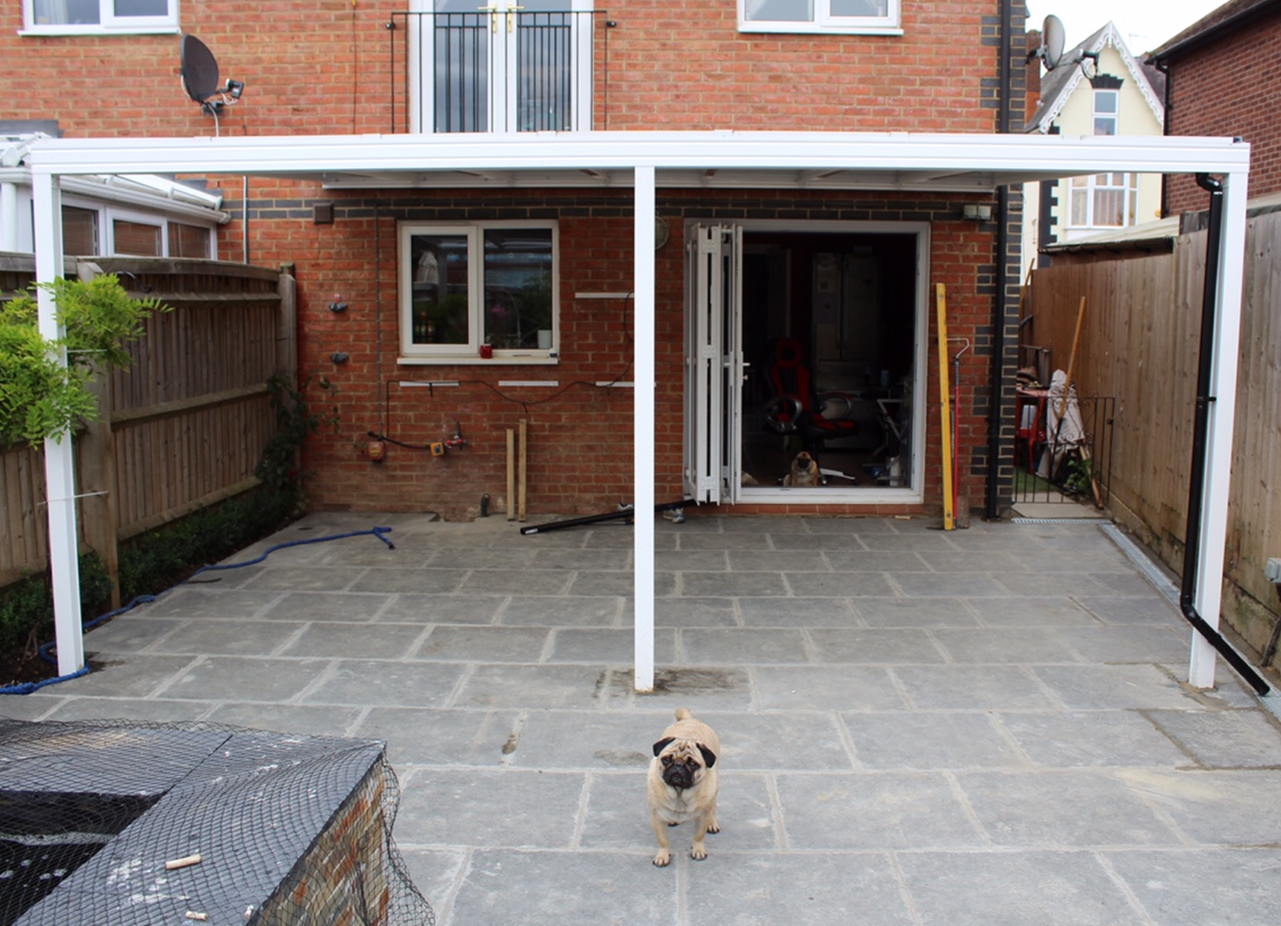 back garden canopy, block paved patio, custom fitted